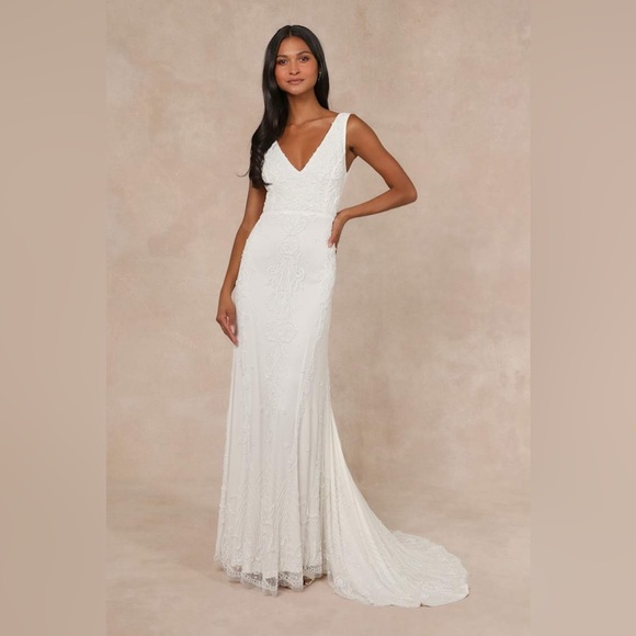 NWT Lulus Passionate Romance White Beaded Sequin Mermaid Maxi Wedding Dress SM - Picture 2 of 12